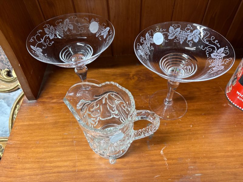 One crystal cut glass jug, two beautiful large sweet dishes