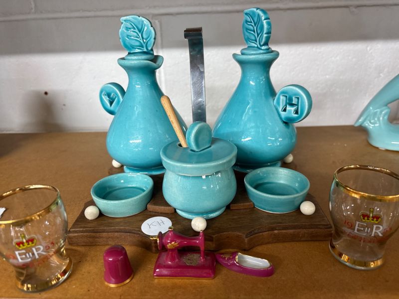 Beautiful power blue decorative condiment set with two Coronation  tot glasses